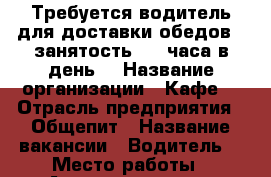 Требуется водитель для доставки обедов , занятость 1,5 часа в день  › Название организации ­ Кафе  › Отрасль предприятия ­ Общепит › Название вакансии ­ Водитель  › Место работы ­ Александровка › Минимальный оклад ­ 400 › Максимальный оклад ­ 700 - Кабардино-Балкарская респ. Работа » Вакансии   . Кабардино-Балкарская респ.